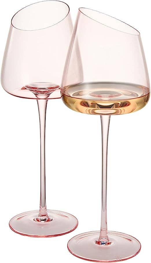 Khen Pink Wine Glasses Set of 2 Red Blush Color 18oz Slanted