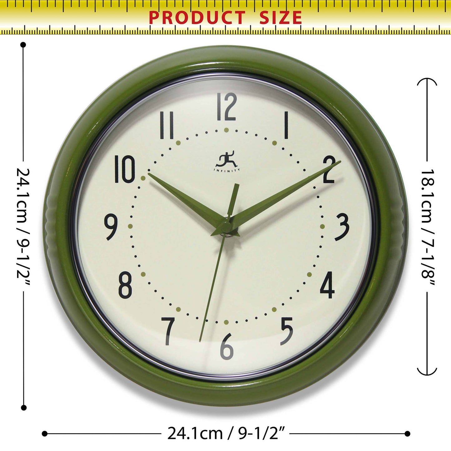 Retro Round Olive Green Indoor Metal Wall Clock 9.5 Inch