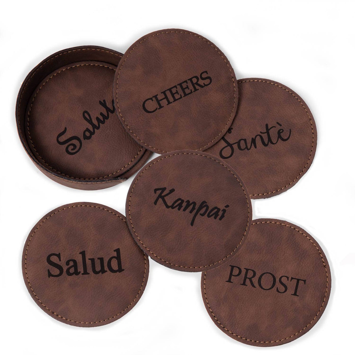 6 Coaster Set with Holder in Vintage Rustic Brown