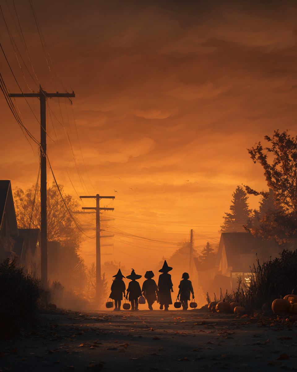 Trick or Treaters Heading Home Halloween Art Print - 8"x10" Artwork for 12"x14" Frame