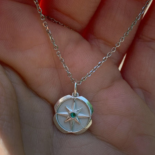 Mini Compass Birthstone Charm Necklace - Silver