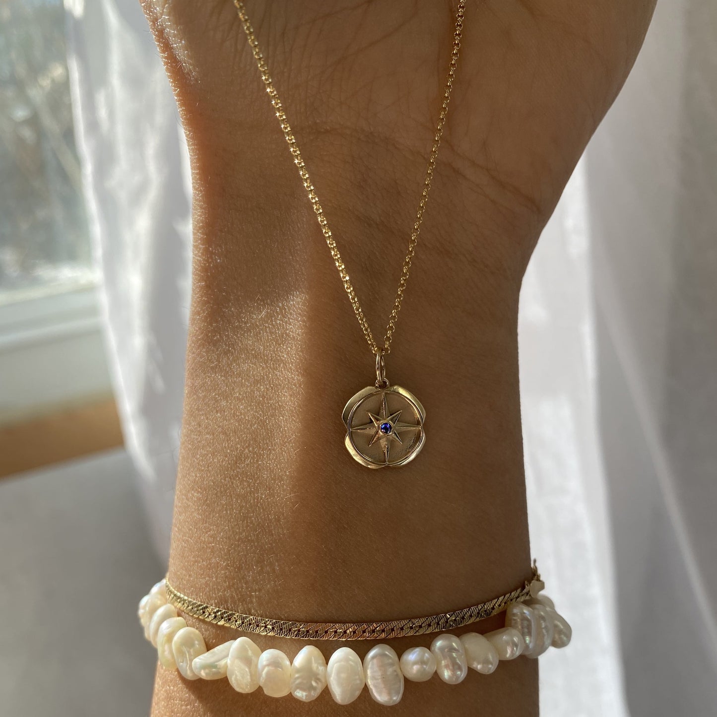 Mini Compass Birthstone Charm Necklace -14K & 18K White Gold