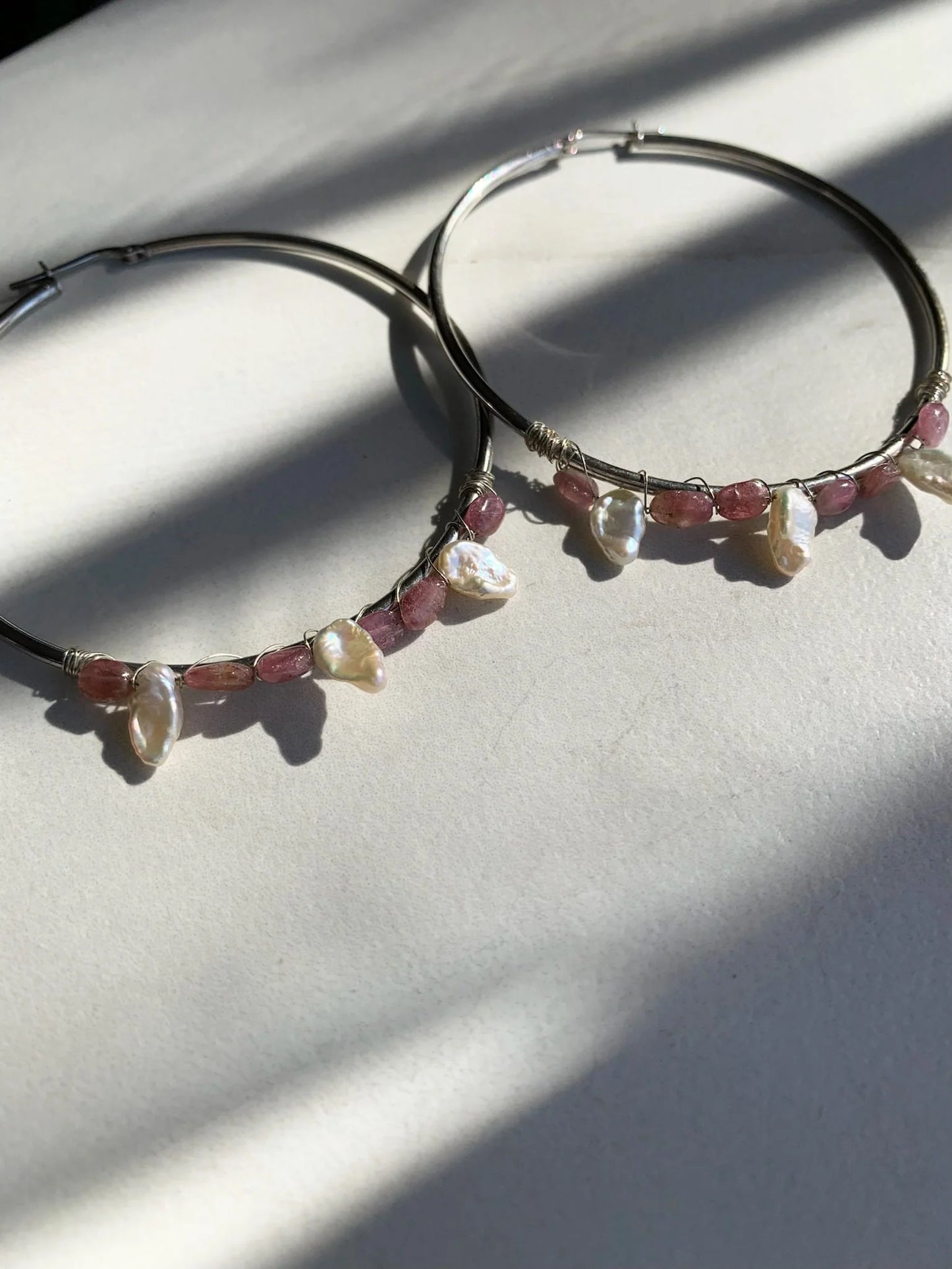 Pink Tourmaline and Pearl Shaker Hoops