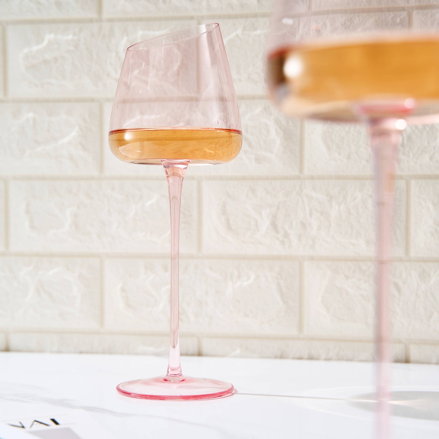 Khen Pink Wine Glasses Set of 2 Red Blush Color 18oz Slanted