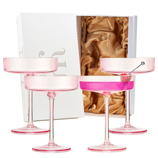 Ribbed Coupe Cocktail Glasses 8 oz | Set of 4 (Rose Pink)