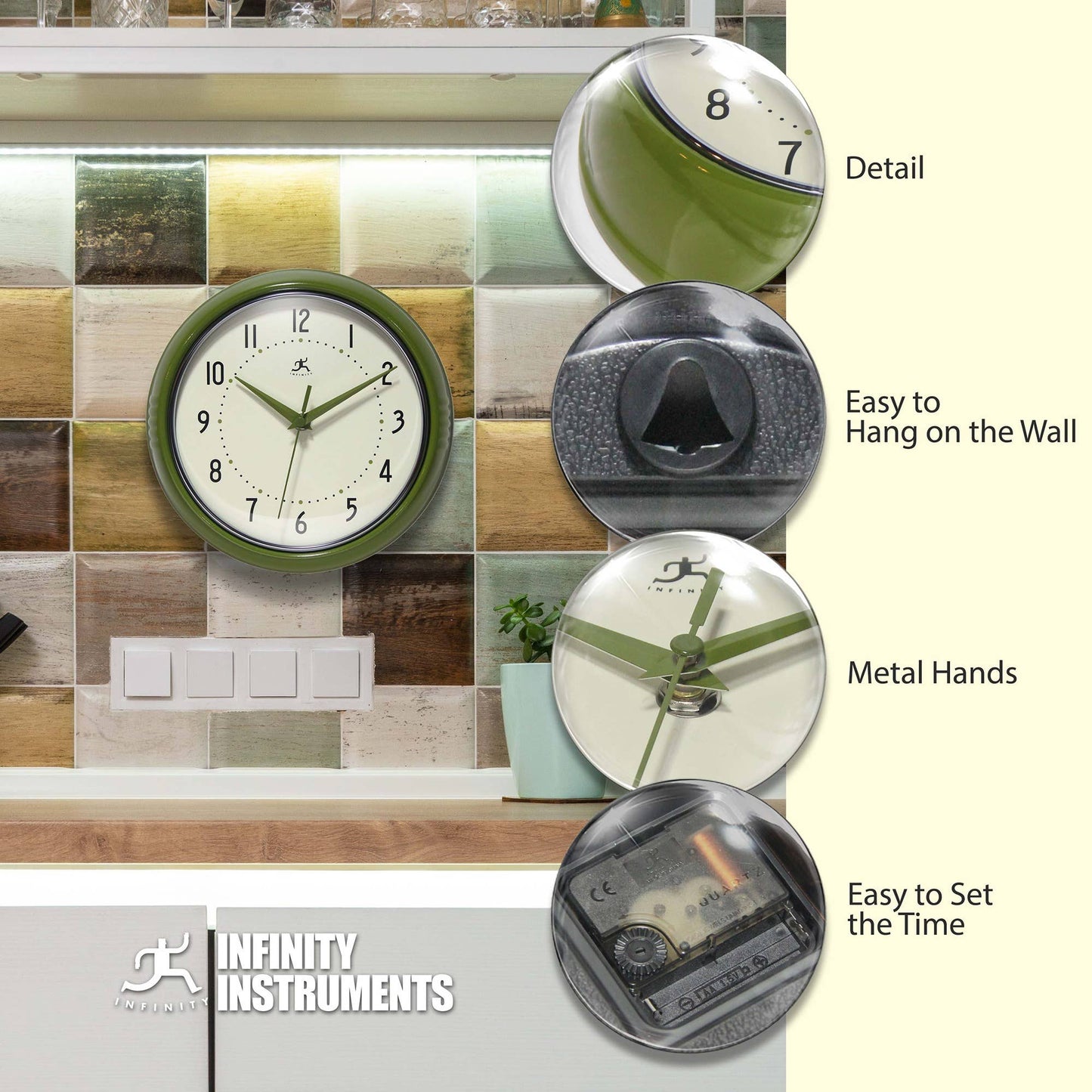 Retro Round Olive Green Indoor Metal Wall Clock 9.5 Inch