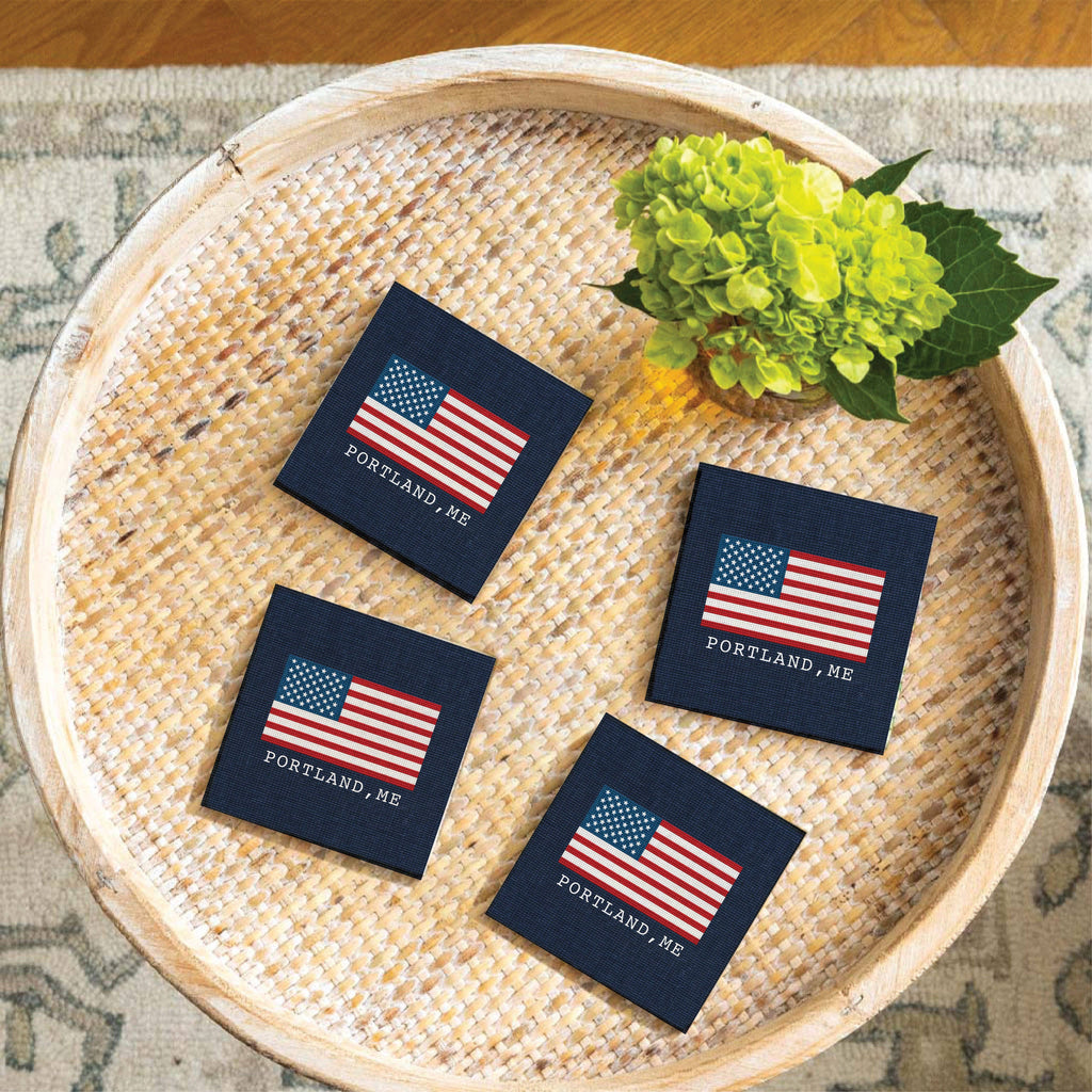 American Flag Needlepoint Personalized Coaster Set