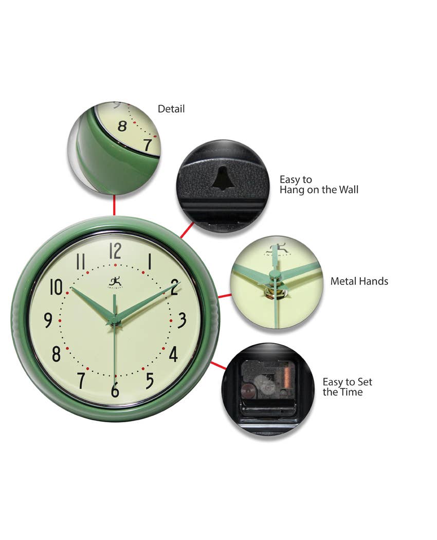 Retro Round Green Indoor Wall Clock 9.5 Inch