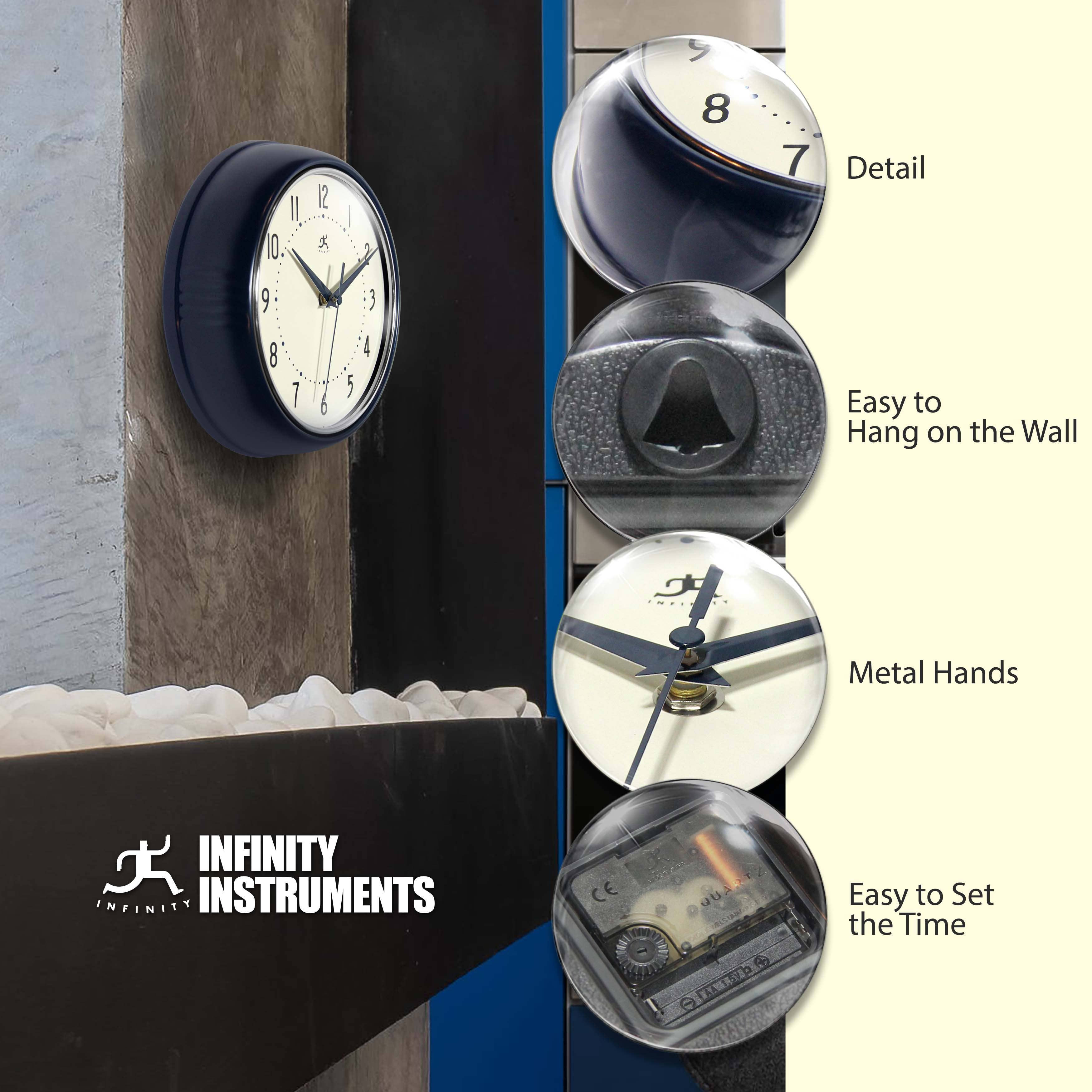 Retro Round Navy Blue Indoor Wall Clock 9.5 Inch