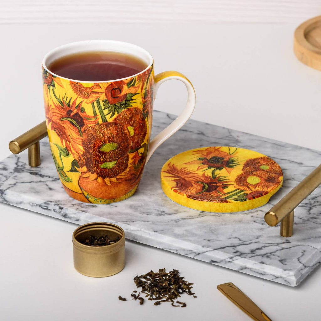 Van Gogh Sunflowers Tea Mug with Infuser & Lid | Art Gift