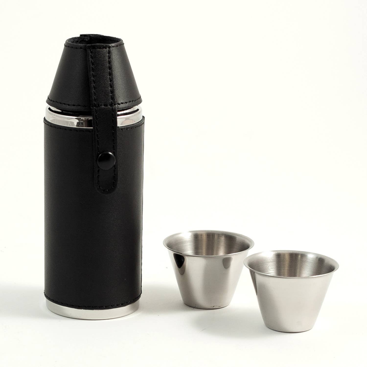 Black Leather Flask Set, 2 Stainless Cups