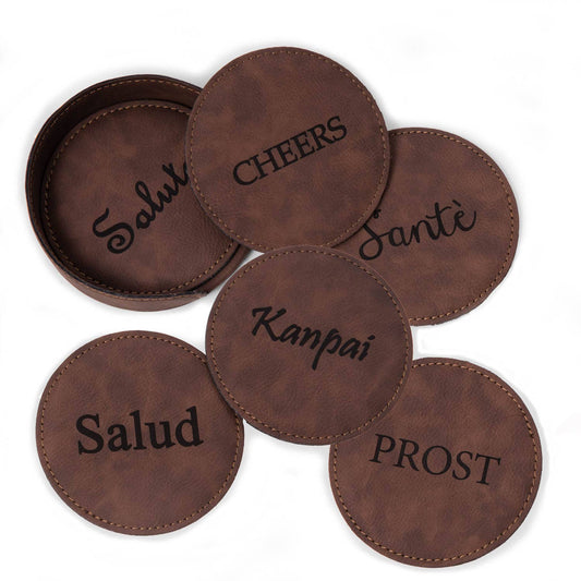 6 Coaster Set with Holder in Vintage Rustic Brown