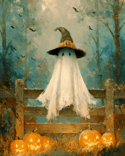 Ghost on a Fence Halloween Art Print - 8"x10" Artwork for 12"x14" Frame