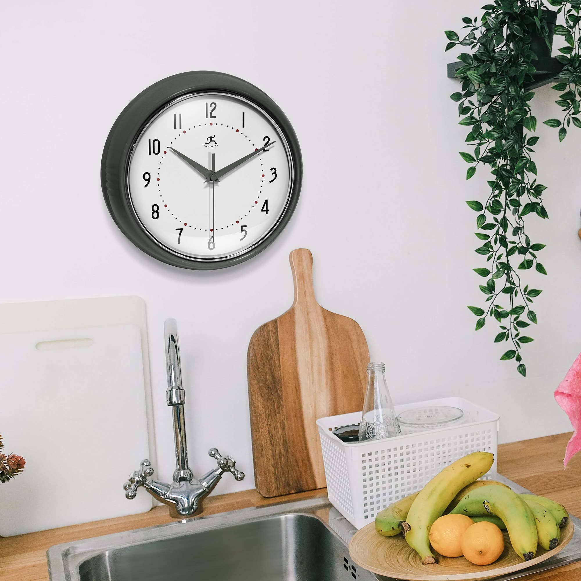 Retro Round Aluminum Wall Clock, Oyster Grey, 9.5 Inch