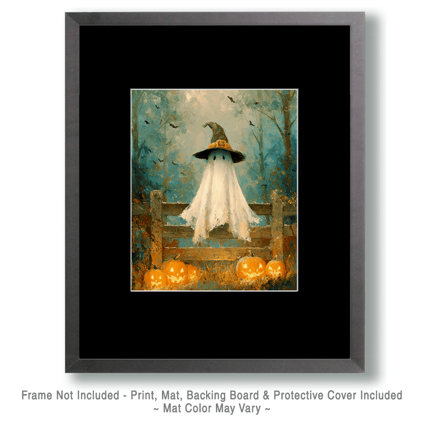 Ghost on a Fence Halloween Art Print - 8"x10" Artwork for 12"x14" Frame