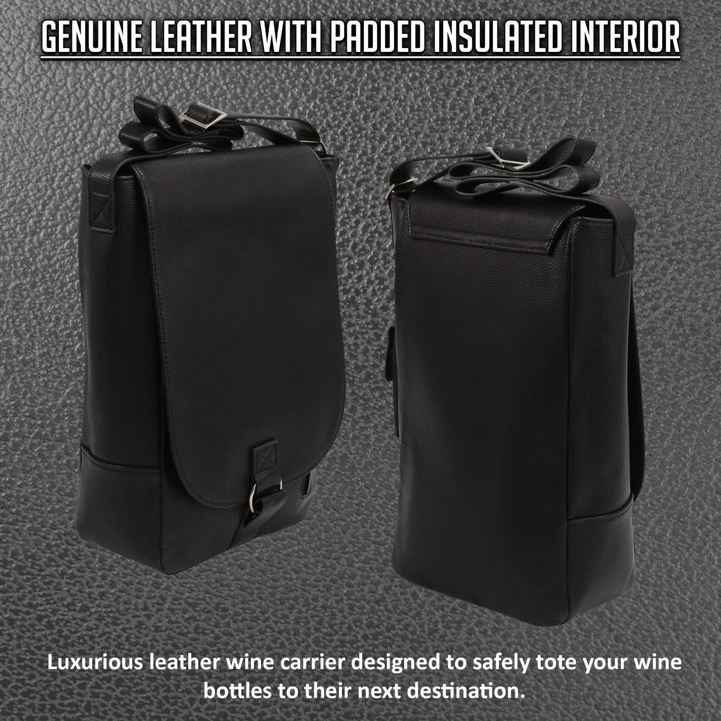 Vino2 Two Bottle Leather Wine Tote Messenger Carrier