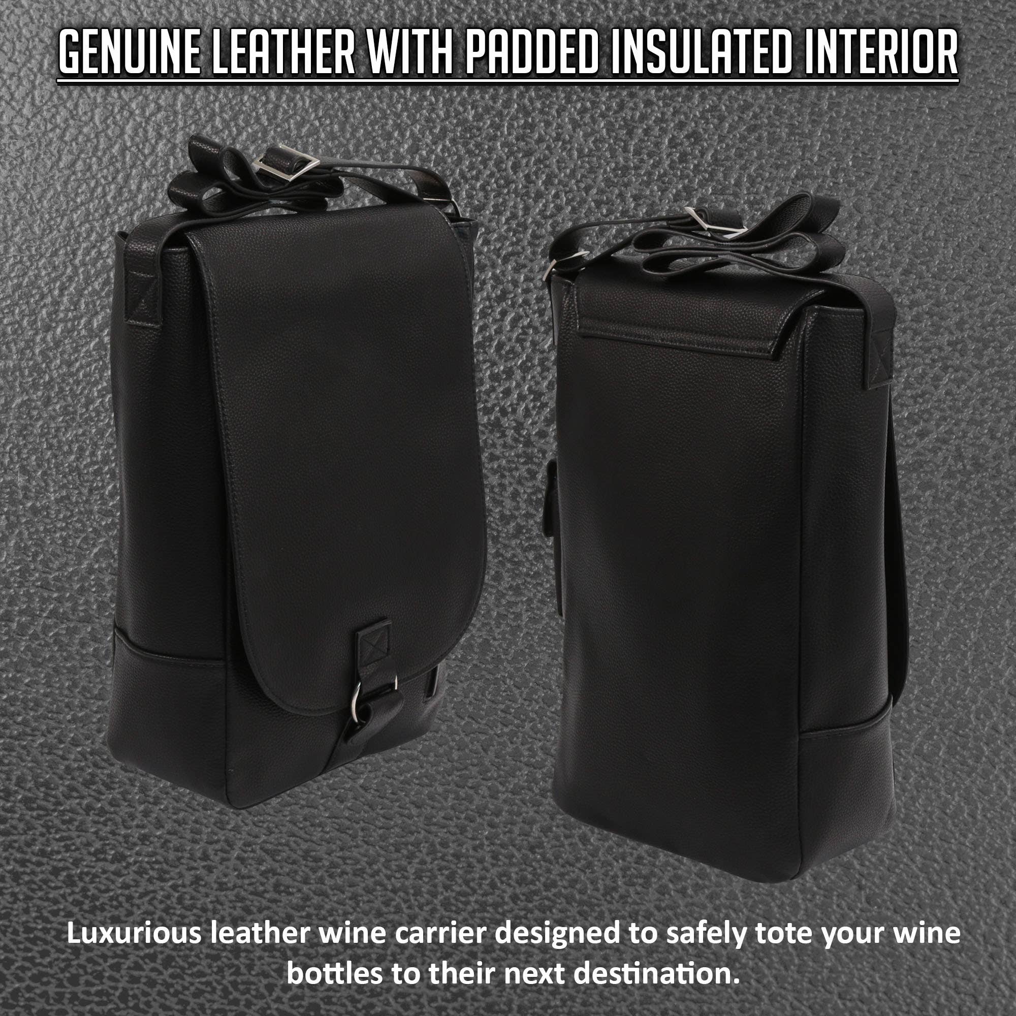 Vino2 Two Bottle Leather Wine Tote Messenger Carrier