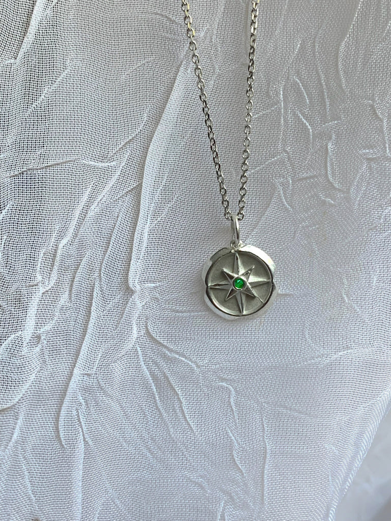 Mini Compass Birthstone Charm Necklace - Silver