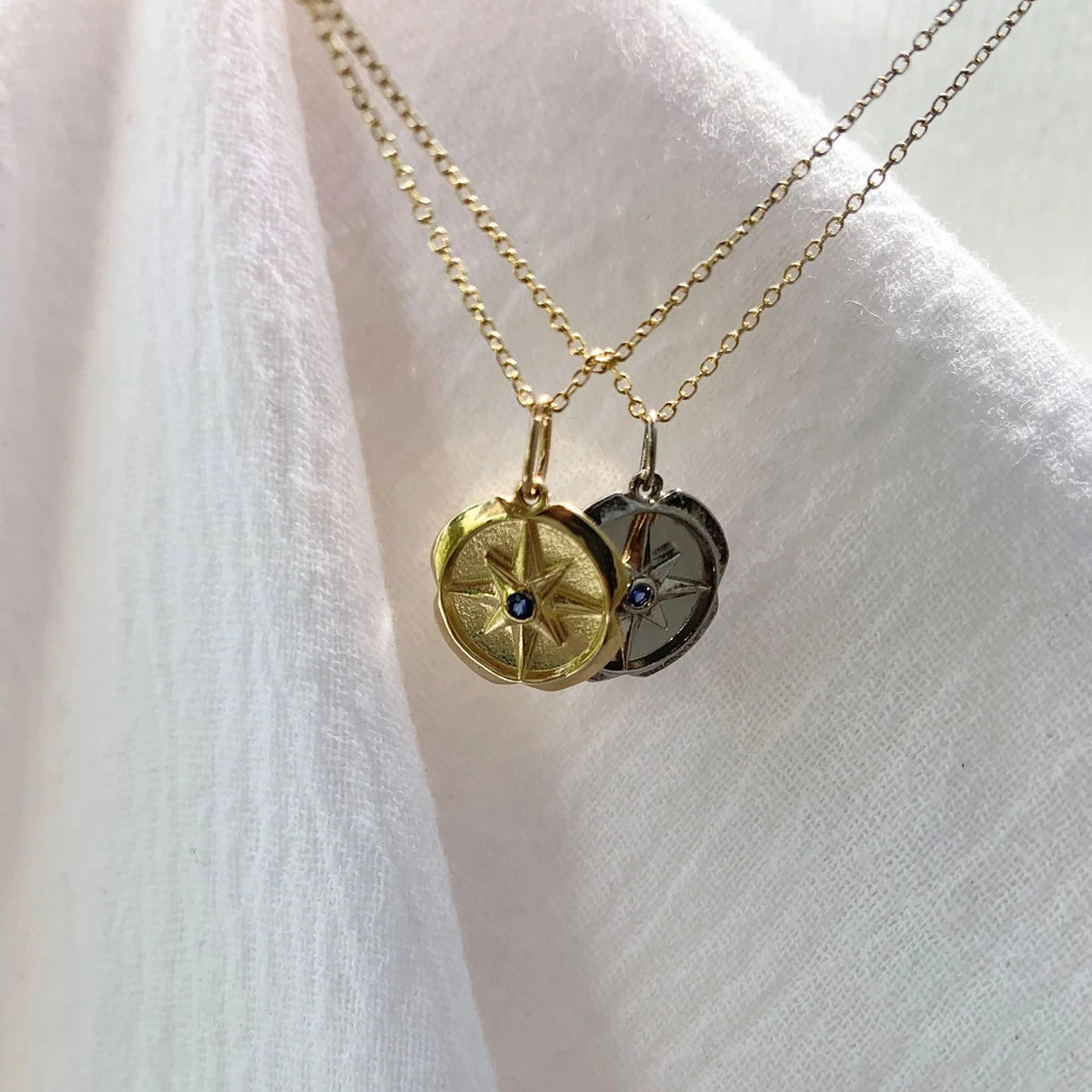 Mini Compass Birthstone Charm Necklace - 14K & 18K  Rose Gold
