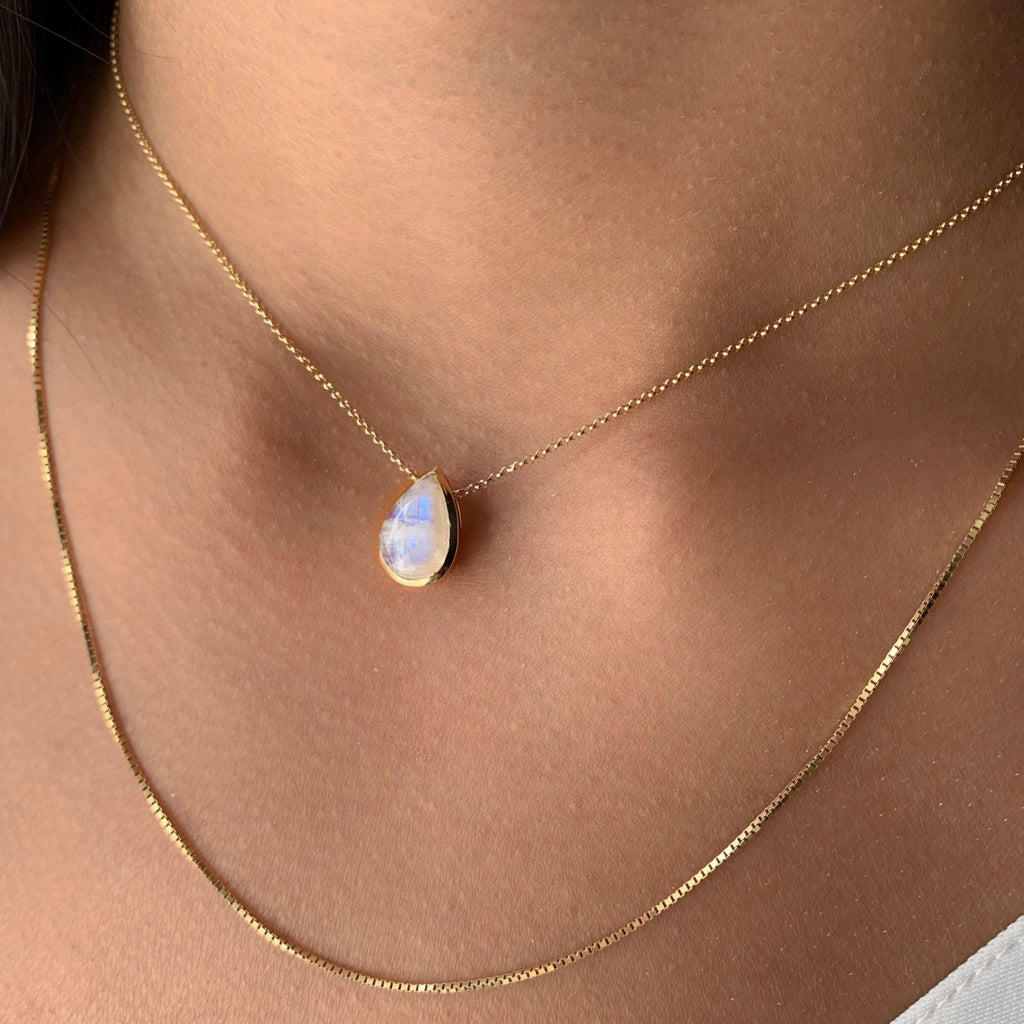 Solitaire Pear Bezel Moonstone Necklace