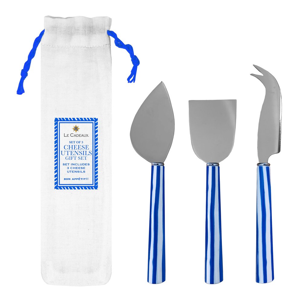 3 Cheese Utensil Set with Blue Stripe Handle