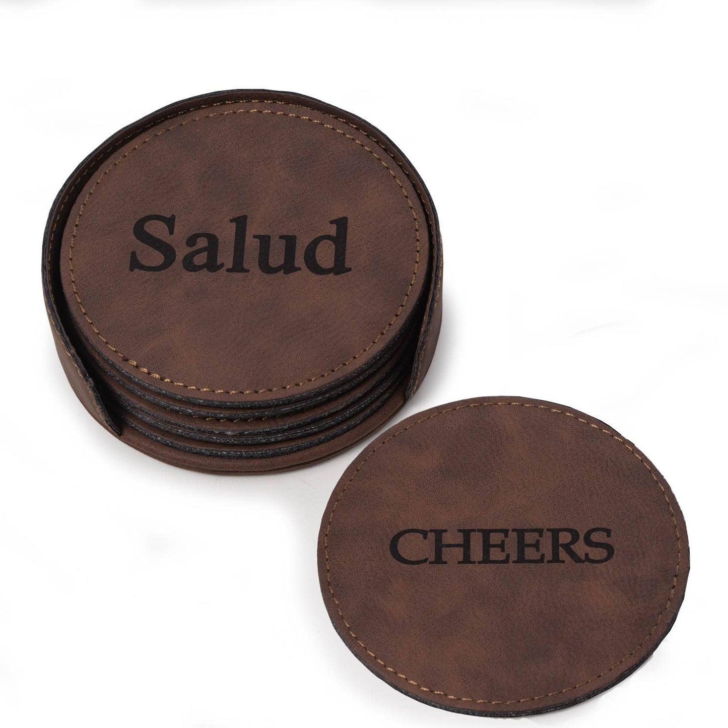 6 Coaster Set with Holder in Vintage Rustic Brown