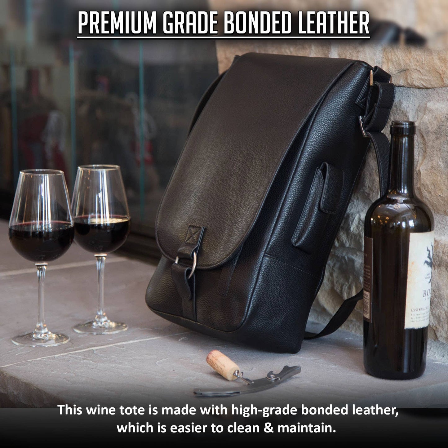 Vino2 Two Bottle Leather Wine Tote Messenger Carrier
