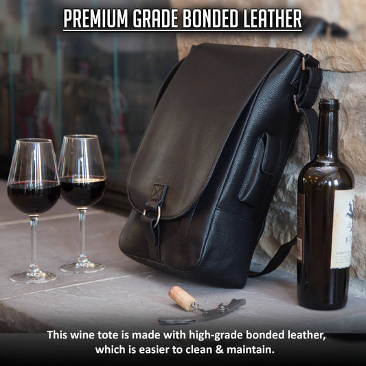 Vino2 Two Bottle Leather Wine Tote Messenger Carrier
