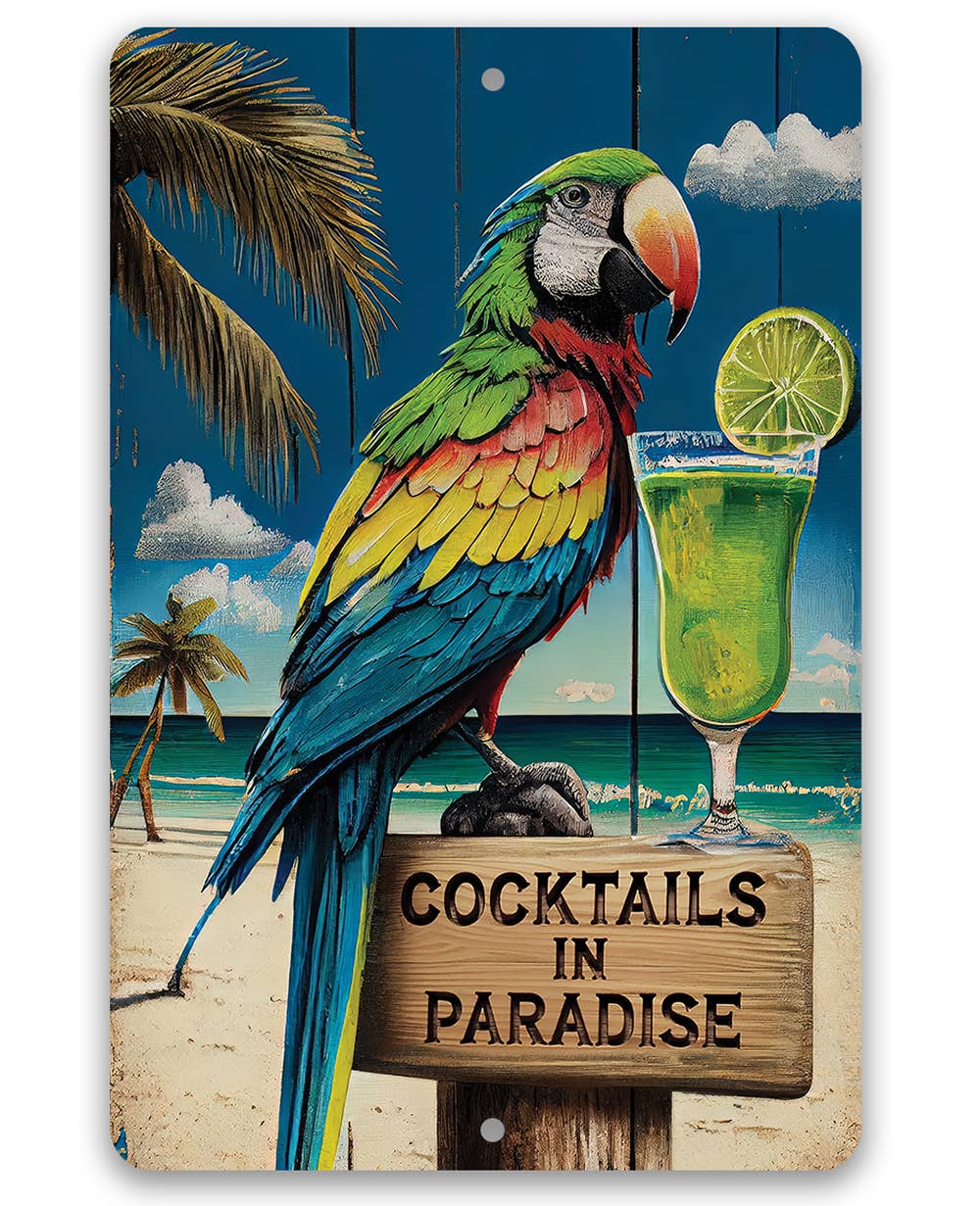 Bar Sign | Cocktails in Paradise Parrot Metal Sign