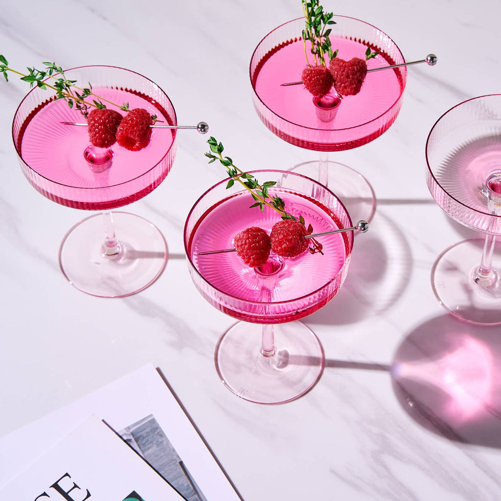 Ribbed Coupe Cocktail Glasses 8 oz | Set of 4 (Rose Pink)