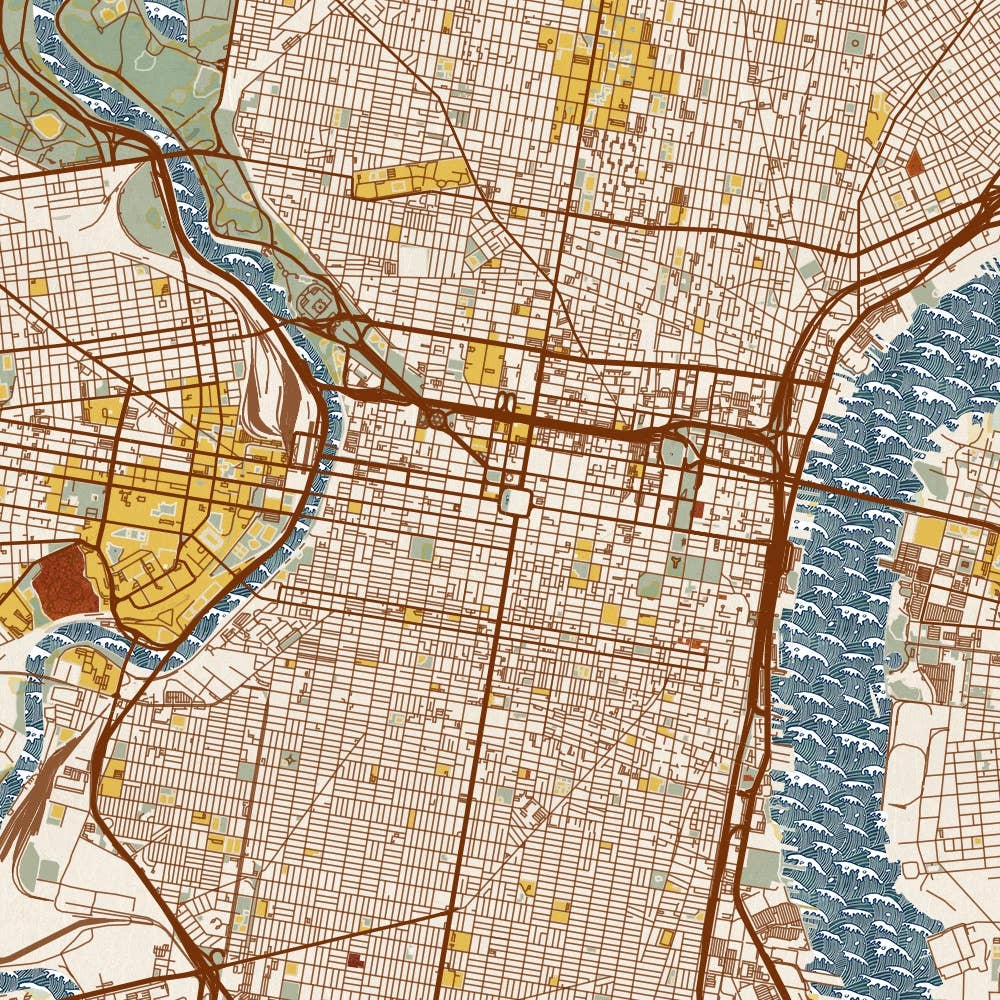 Philadelphia PA Map Print Woodblock