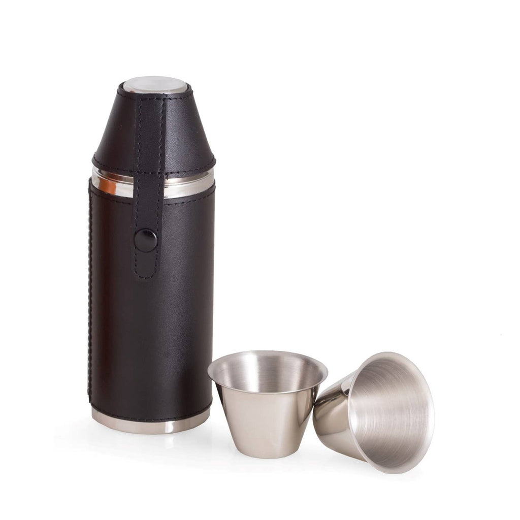 Black Leather Flask Set, 2 Stainless Cups