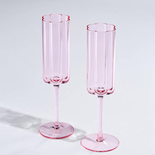 Flower Vintage Champagne Flute Glassware - Set of 2 - 7.4 oz