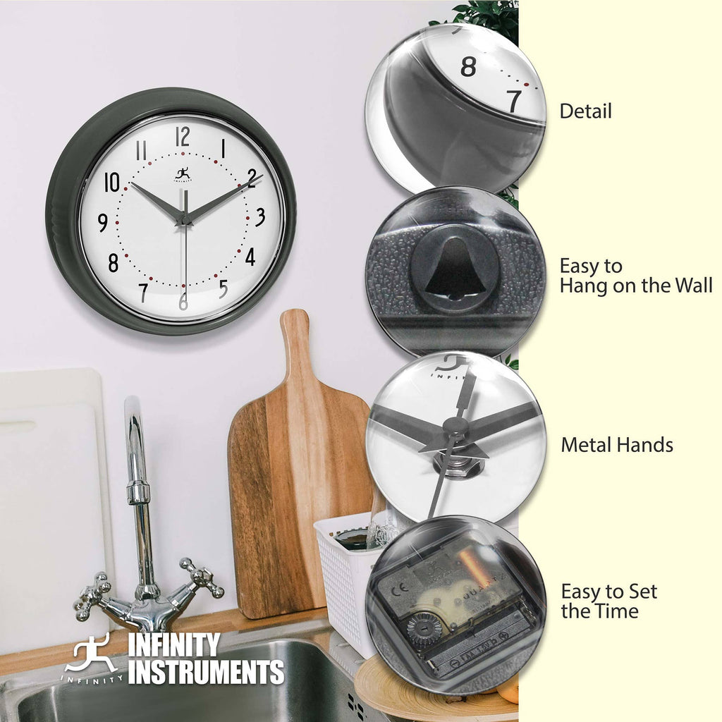 Retro Round Aluminum Wall Clock, Oyster Grey, 9.5 Inch