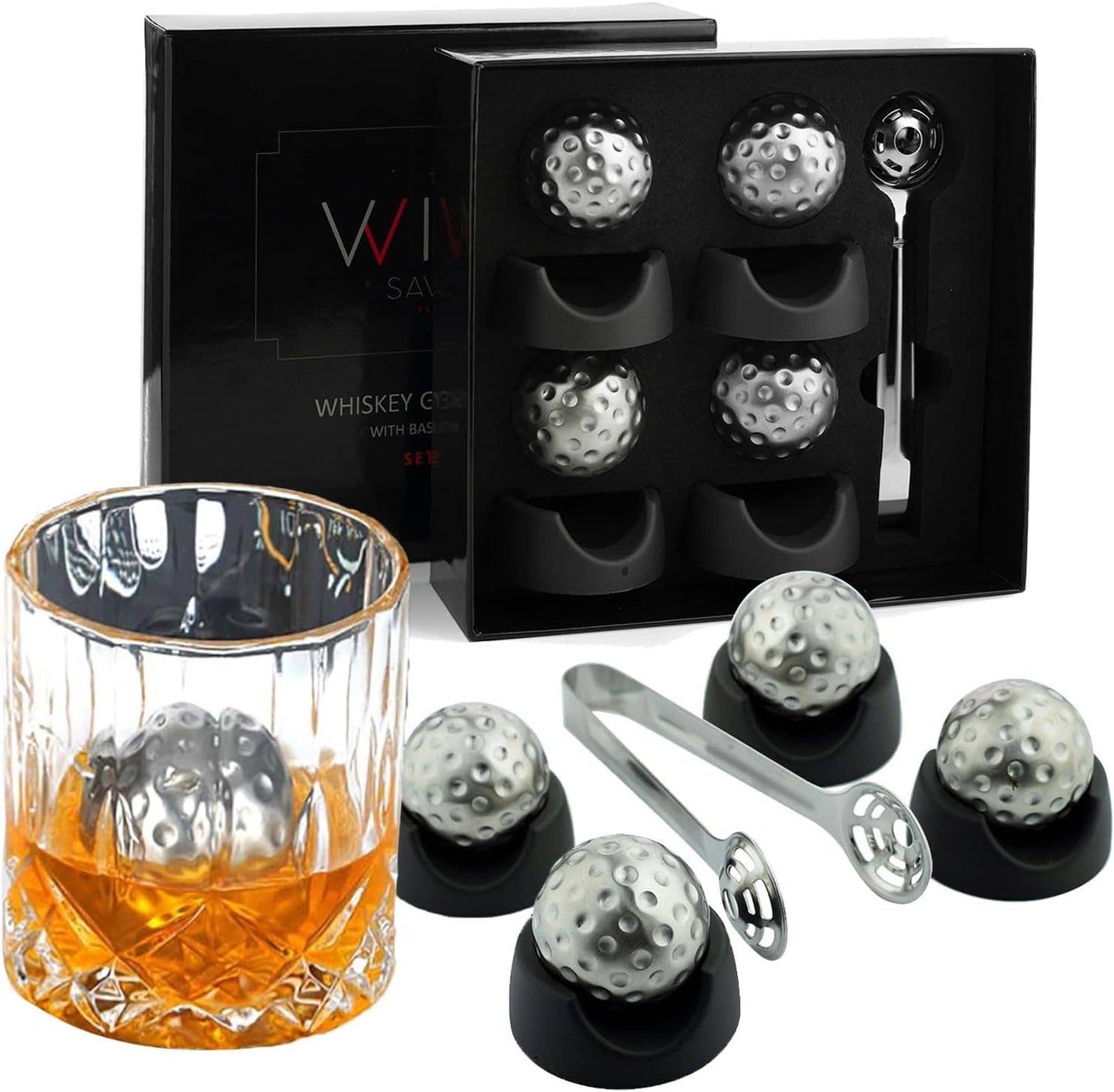Golf Ball Shaped Stainless Steel Whiskey Stones, 4 Stones