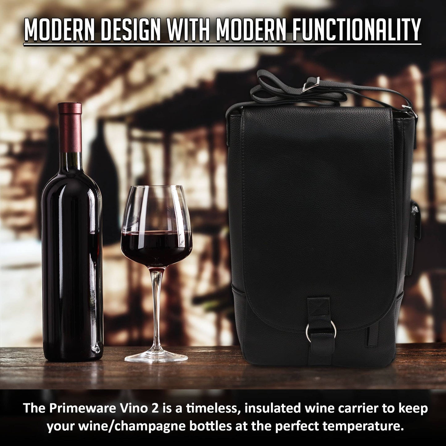 Vino2 Two Bottle Leather Wine Tote Messenger Carrier