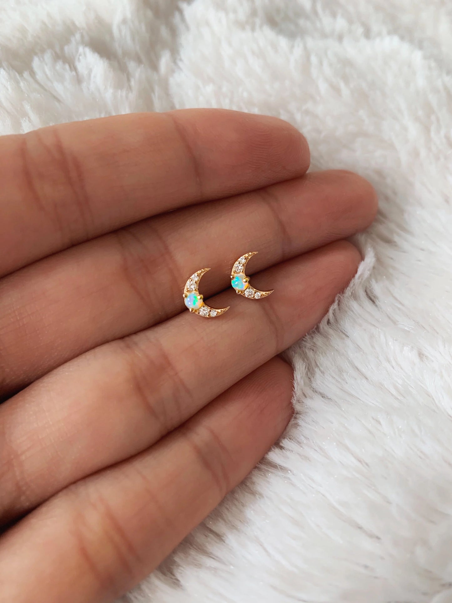 Handmade Moon Opal Diamond Stud Earrings