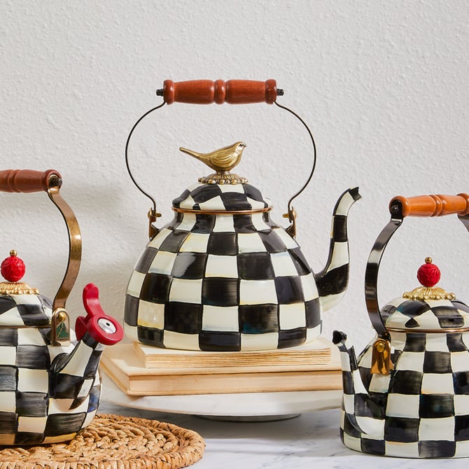 Courtly Check Enamel 3 Qt. Tea Kettle w/ Bird